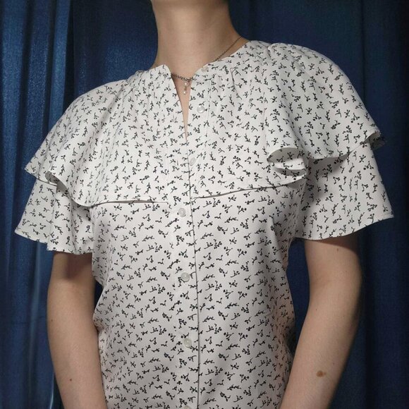 Japanese white ruffle big sleeved dainty floral pattern blouse for work - Picture 5 of 14